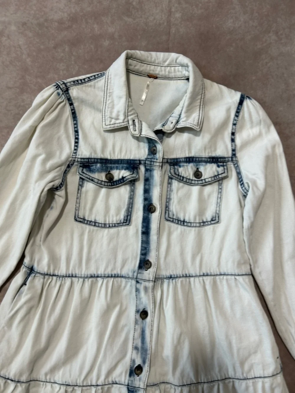 Free People Light Wash Denim Tiered Shirt Dress Button Down 100% Cotton XXS - Picture 2 of 6